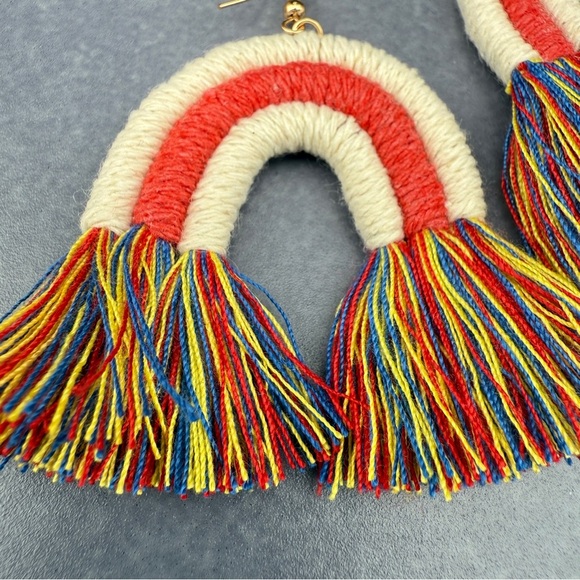 Colorful Macrame Rainbow Tassel Earrings Red Yellow Blue - Picture 4 of 12